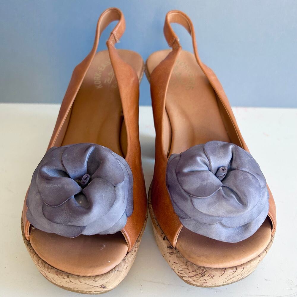 Kork-Ease Sundance sandals size 10 peep toe slingback 3-d flower chunky brown